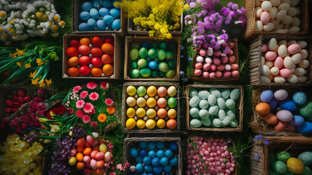 Boxes and baskets full of colorful Easter eggs on green grass and spring flower surface. Top view, abstract background.の素材