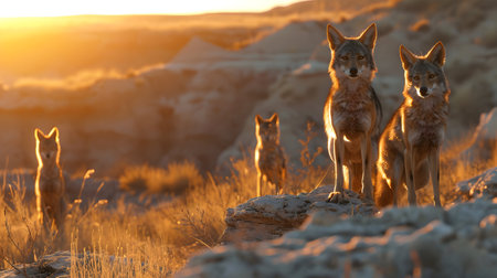 Jackal family standing in front of the camera in the rocky plains with setting sun. Group of wild animals in nature.の素材