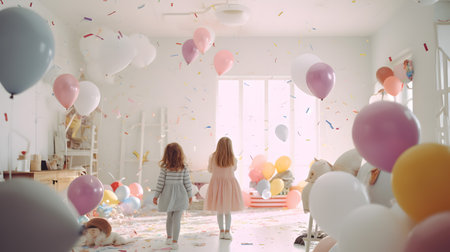 Children having fun, smiling, laughing and celebrating their birthday in a room full of colorful confetti and balloons.の素材
