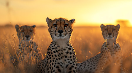 Cheetah standing in the savanna with setting sun shining. Group of wild animals in nature.の素材