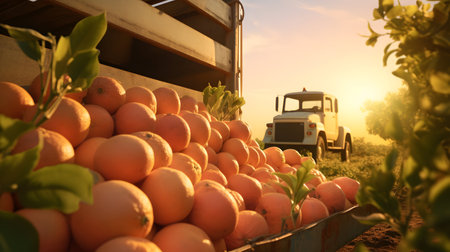 Cargo truck carrying orange fruit in an orchard with sunset. Concept of food production, transportation, cargo and shipping.の素材