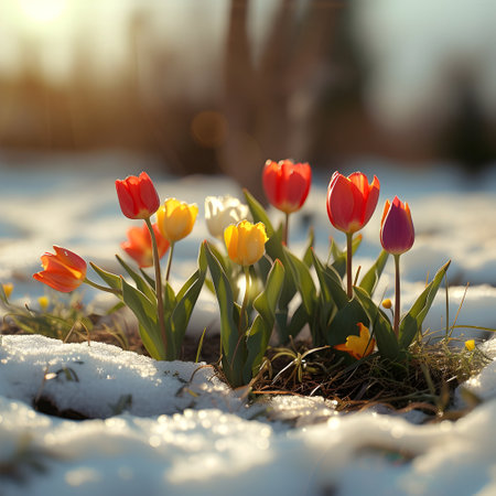 Colorful tulip flowers and grass growing from the melting snow, blue sky and sunshine in the background. Concept of spring coming and winter leaving.の素材