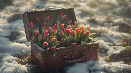 Vintage suitcase with colorful tulip flowers and hoarfrost lying on the snowy surface. Concept of spring coming.の素材