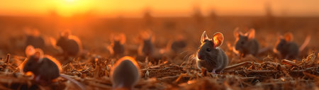 Mice in the harvested field in summer evening with setting sun. Group of wild animals in nature. Horizontal, banner.の素材