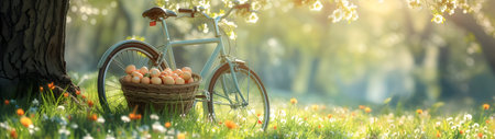 Bike being propped against the tree with basket full of Easter eggs on the meadow with grass, spring flowers and sun shining. Concept of Easter, Travel and Delivery. Horizontal, banner.の素材