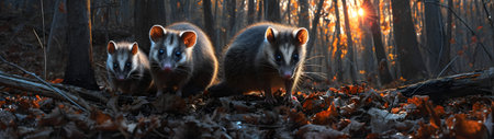 Opossum family in the forest with setting sun shining. Group of wild animals in nature. Horizontal, banner.の素材