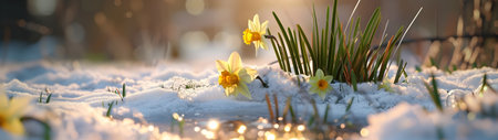 Colorful daffodil flowers and grass growing from the melting snow and sunshine in the background. Concept of spring coming and winter leaving. Horizontal, banner.の素材