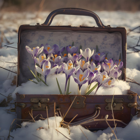 Vintage suitcase with purple spring cocus flowers with hoarfrost lying on the snowy surface. Concept of spring coming.の素材