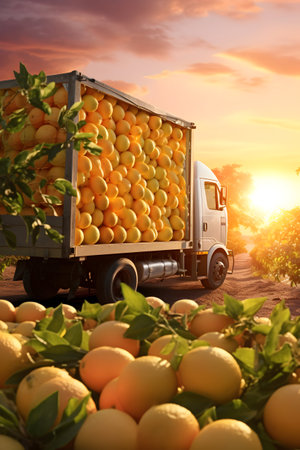 Cargo truck carrying lemon fruit in an orchard with sunset. Concept of food production, transportation, cargo and shipping.の素材
