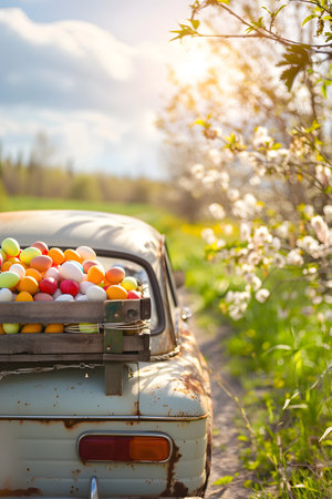 Vintage car full of colorful Easter eggs on the road with grass and spring flowers. Concept of Easte travel, transport and logistics.の素材