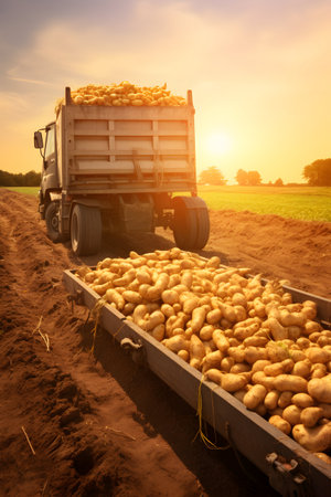Cargo truck carrying lemon fruit in an orchard with sunset. Concept of food production, transportation, cargo and shipping.の素材