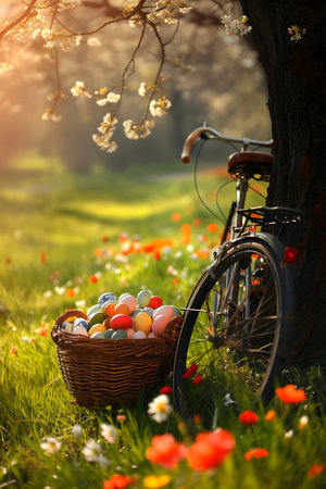 Bike being propped against the tree with basket full of Easter eggs on the meadow with grass, spring flowers and sun shining. Concept of Easter, Travel and Delivery.の素材