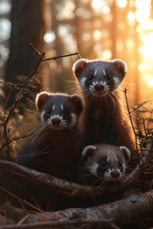 Polecat family in the forest with setting sun shining. Group of wild animals in nature.の素材