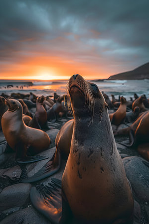 Sea lion family in the ocean water with setting sun shining. Group of wild animals in nature.の素材