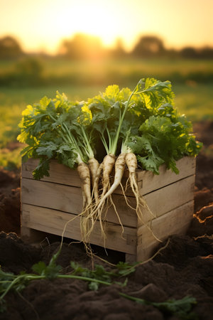 Parsley harvested in a wooden box with field and sunset in the background. Natural organic fruit abundance. Agriculture, healthy and natural food concept. Vertical composition.の素材