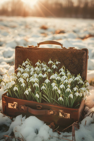 Vintage suitcase with snowdrop flowers and hoarfrost lying on the snowy surface. Concept of spring coming.の素材