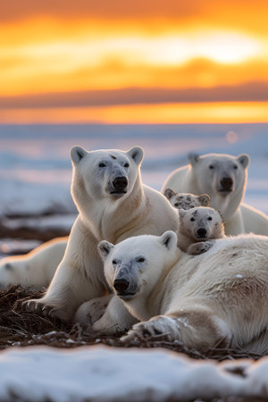 Polar bear family in the arctic region with setting sun shining. Group of wild animals in nature.の素材