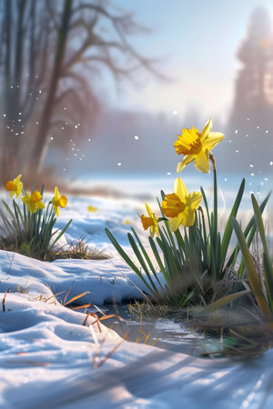 Colorful daffodil flowers and grass growing from the melting snow and sunshine in the background. Concept of spring coming and winter leaving.の素材