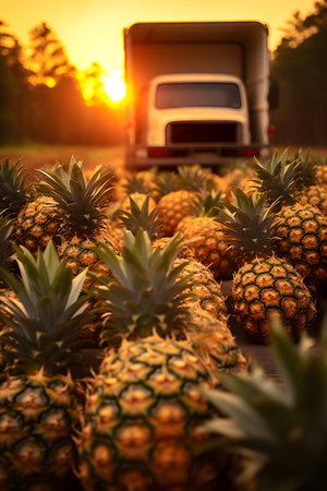 Cargo truck carrying pineapple fruit in a plantation with sunset. Concept of food production, transportation, cargo and shipping.の素材