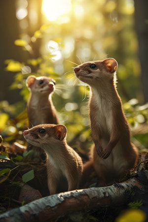 Weasel family in the forest with setting sun shining. Group of wild animals in nature.の素材