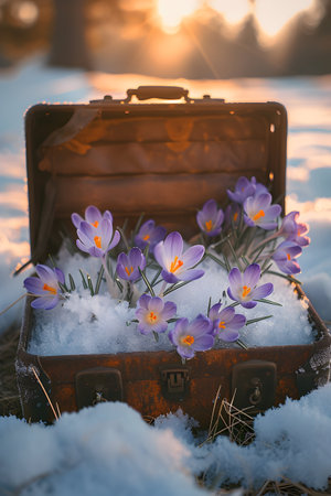 Vintage suitcase with purple spring cocus flowers with hoarfrost lying on the snowy surface. Concept of spring coming.の素材