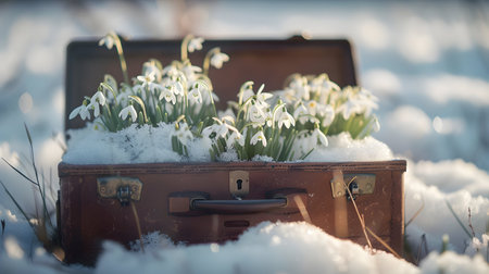 Vintage suitcase with snowdrop flowers and hoarfrost lying on the snowy surface. Concept of spring coming.の素材