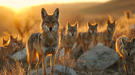Coyot family standing in front of the camera in the rocky plains with setting sun. Group of wild animals in nature.の素材