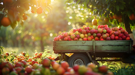 Vintage truck carrying various types of fruits in an orchard with sunset. Concept of food transportation, logistics and cargo.の素材