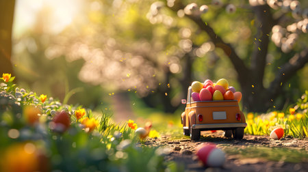 Vintage car full of colorful Easter eggs on the road with grass and spring flowers. Concept of Easte travel, transport and logistics.の素材