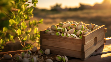 Pistachio nuts harvested in a wooden box in a plantation with sunset. Natural organic fruit abundance. Agriculture, healthy and natural food concept.の素材