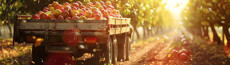 Vintage truck carrying various types of fruits in an orchard with sunset. Concept of food transportation, logistics and cargo.の素材