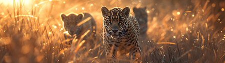 Jaguars standing in the savanna with setting sun shining. Group of wild animals in nature. Horizontal, banner.の素材