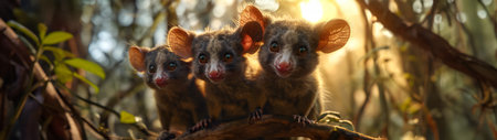 Possum family in the forest with setting sun shining. Group of wild animals in nature. Horizontal, banner.の素材