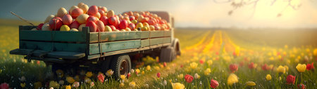 Vintage truck full of colorful Easter eggs on a meadow with grass and spring flowers. Concept of logistics, cargo and shipping. Horizontal, banner.の素材