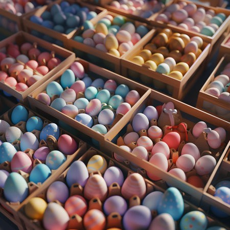 Boxes and baskets full of colorful Easter eggs. Top view, abstract background.の素材