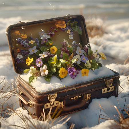 Vintage suitcase with spring flowers and hoarfrost lying on the snowy surface. Concept of spring coming.の素材