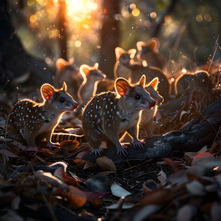 Quoll family in the forest with setting sun shining. Group of wild animals in nature.の素材