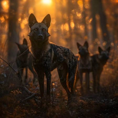 Wild dogs standing in the forest with setting sun shining. Group of wild animals in nature.の素材