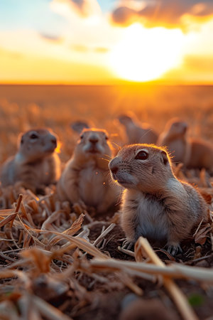Ground squirrel family in the harvested field in summer evening with setting sun. Group of wild animals in nature.の素材