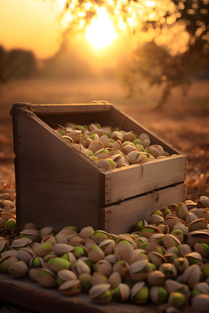 Pistachio nuts harvested in a wooden box in a plantation with sunset. Natural organic fruit abundance. Agriculture, healthy and natural food concept. Vertical composition.の素材