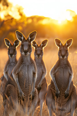 Kangaroo standing in the savanna with setting sun shining. Group of wild animals in nature.の素材