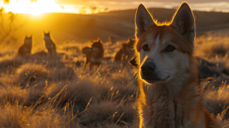Dingo family standing in front of the camera in the rocky plains with setting sun. Group of wild animals in nature.の素材