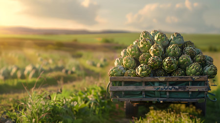 Cargo truck carrying artichoke vegetable in a field. Concept of agriculture, food production, transportation, cargo and shipping.の素材