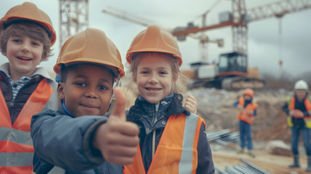 Group of children doing their dream job as Civil Engineers at the construction site with crane and building in the background. Concept of Creativity, Happiness, Dream come true and Teamwork.の素材