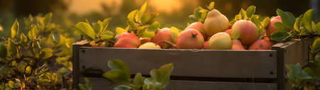 Quince fruit harvested in a wooden box in a field with sunset. Natural organic vegetable abundance. Agriculture, healthy and natural food concept. Horizontal composition, banner.の素材