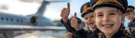 Group of children doing their dream job as Pilots standing in the airport next to the airplane. Concept of Creativity, Happiness, Dream come true and Teamwork.の素材