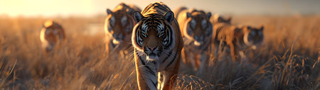 Tiger family in the savanna with setting sun shining. Group of wild animals in nature. Horizontal, banner.の素材