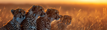 Cheetah standing in the savanna with setting sun shining. Group of wild animals in nature. Horizontal, banner.の素材
