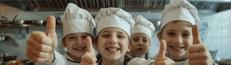 Group of children doing their dream job as Chief Cooks in the kitchen. Concept of Creativity, Happiness, Dream come true and Teamwork. Horizontal, banner.の素材