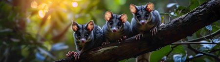 Possum family in the forest with setting sun shining. Group of wild animals in nature. Horizontal, banner.の素材